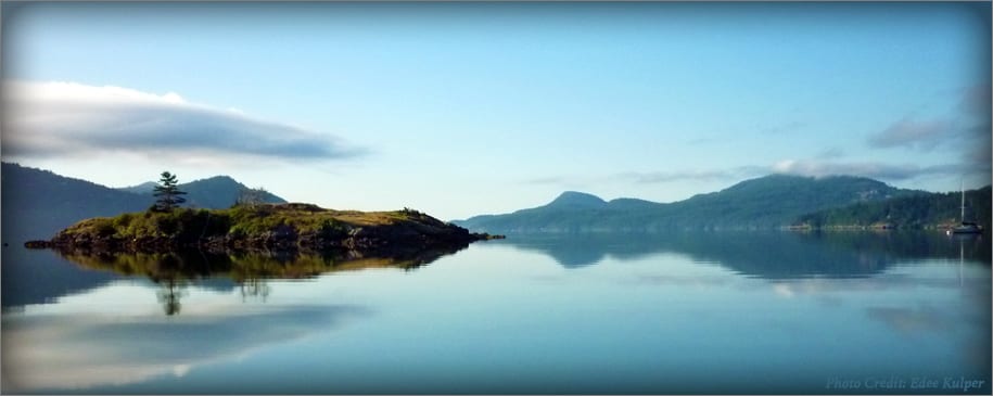 Eastsound and Indian Island on a calm morning.