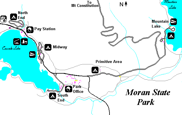 Map of Moran State Park's three major campgrounds.