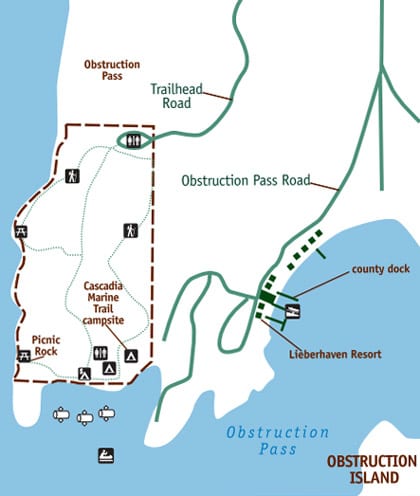 Trail and activities map of Obstruction Pass State Park.