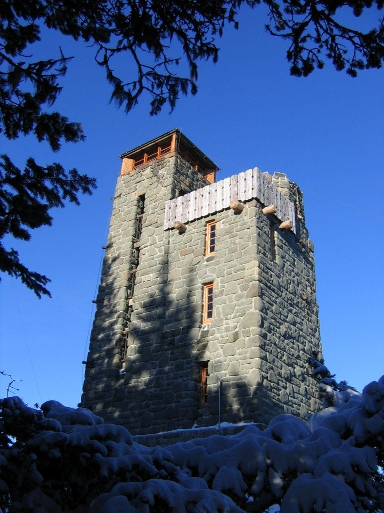 Winter view of the watch tower at the top of Mount Constitution.
