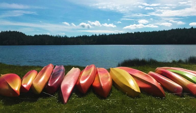 Kayak rentals stored at the Cascade Lake picnic area.